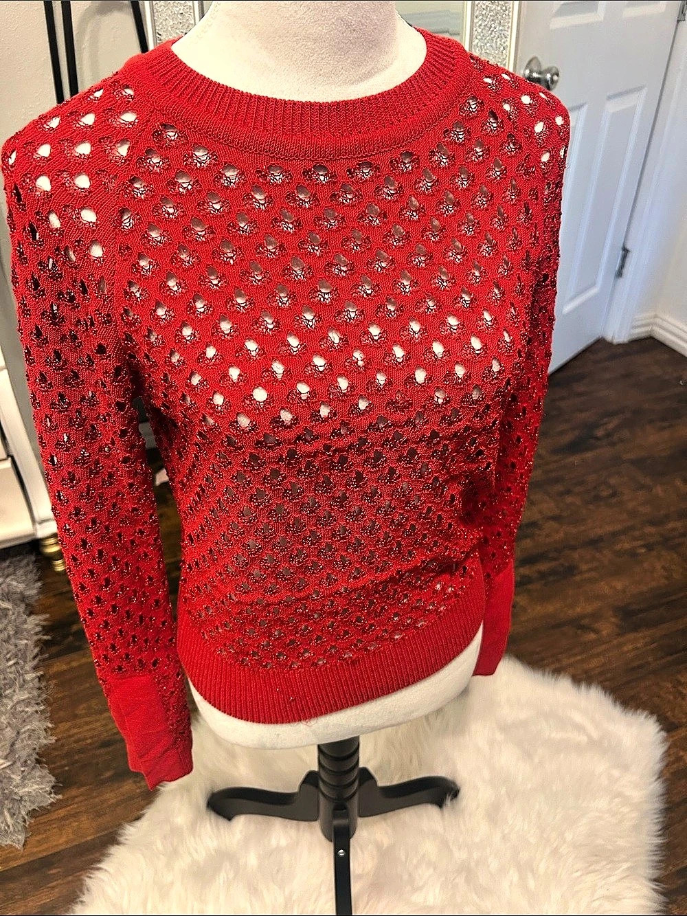 Zara Metallic Thread Pointelle Knit Jumper Red Small